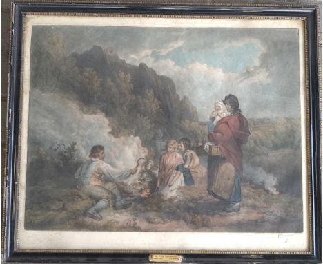 After George Morland, The Fern Gatherers, engraved by I R Smith, published 1799, coloured mezzotint engraving. The figures ga