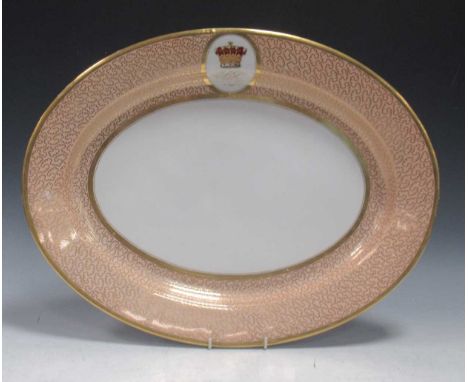 Flight Barr and Barr Worcester oval serving dish, the apricot border with all over gilded wriggle design and inset with oval 