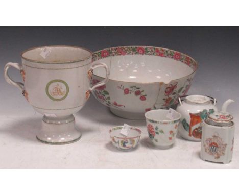 Large 19th century Chinese export bowl with rose sprig decoration; together with a hard paste double handled goblet with mono