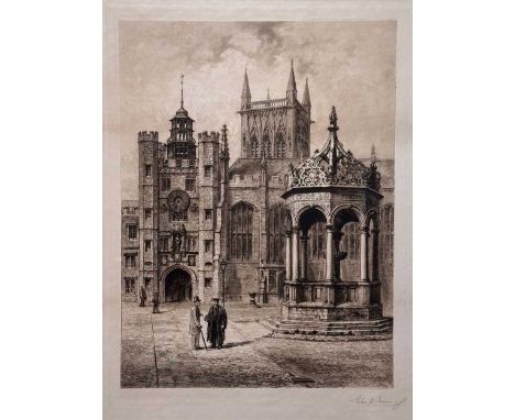 19th Century English School  The Great Court, Trinity College, Cambridge etching published in 1887, blindstamp (lower left)si