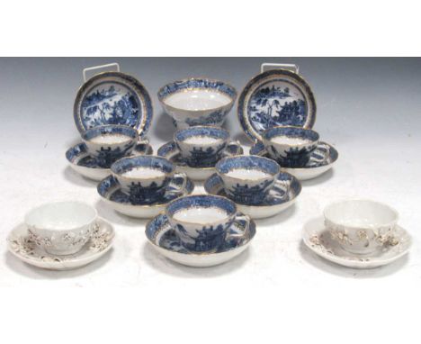 Part tea service with blue and white willow pattern design overgilding to the rims and banding, possibly Chinese Export, 6 te
