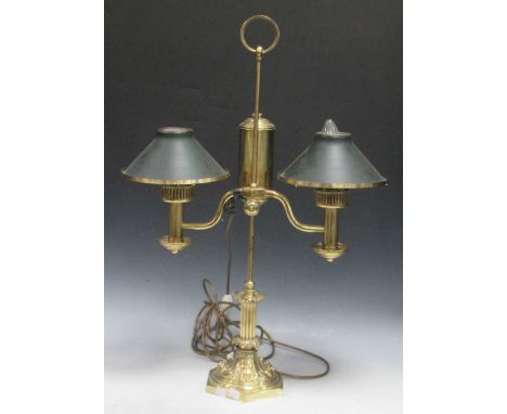 An adjustable twin branch brass desk lamp with tole shades, (untested) 72cm high