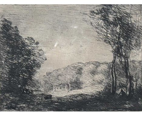 Jean-Baptiste-Camille Corot (French, 1796-1875)  Landscape with a small cottage in the distance - Campagne Boisee signed with