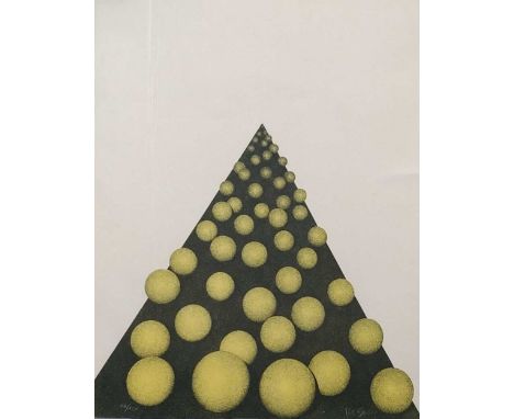 Pol Bury (Belgian 1922-2005) Circle on an acute angle 1973. Framed lithograpth with neon yellow forms on a black triangle. Eb