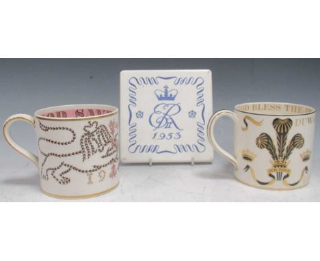 Two Wedgwood commemorative mugs designed by Richard Guyatt, for the Coronation of Queen Elizabeth II and 1969 investiture of 