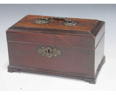 A George III mahogany tea caddy, the moulded top with brass swing handle in the rococo taste, set on bracket feet13.5 x 24 x 