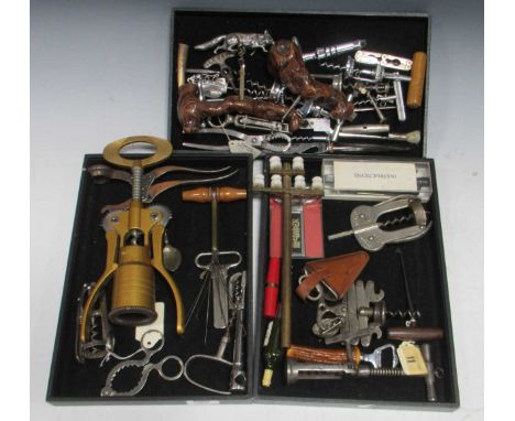 A collection of corkscrews including a brass and enamelled novelty telegraph pole pattern corkscrew (qty)