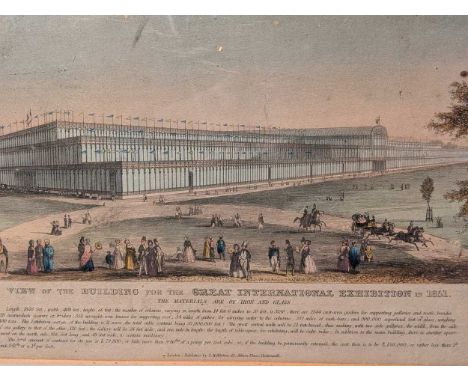 A Group Of Seven Prints to include a hand-coloured print, titled 'View of the Building for the Great International Exhibition