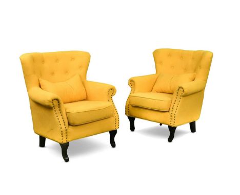 A pair of modern button back easy chairs with yellow upholstery, raised on ebonised legs (2)90 x 80 x 77cm