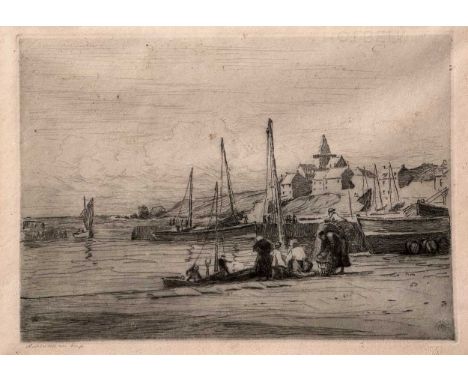 A Group Of Three Etchings To include a signed in pencil etching by Robert Weir Allan, with blindstamp lower right, of a harbo
