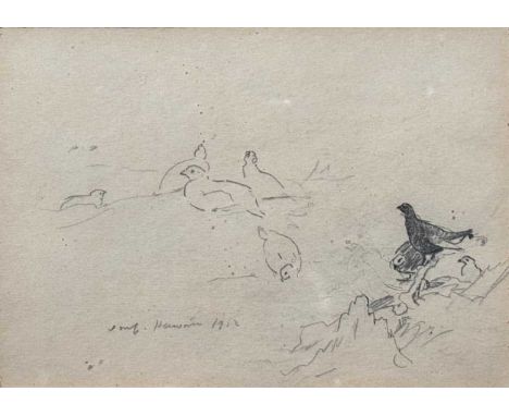 John Cyril Harrison (British, 1898-1985) Bird studies - double sided sketch with Grouse, and a falcon on the versosigned and 