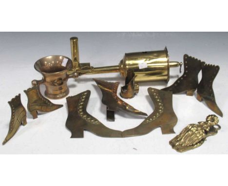 Collection of seven mainly 19th century novelty brass boots, to include a pair of wall pockets, largest 18cm high and smaller