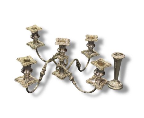 Metalwares to include a silver plated spill vase of tapered form fitting an associated silver plated candelabra top with four