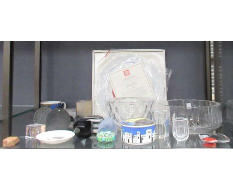 An Orrefors glass bowl, another, a small dish, various glass paperweights and small ornaments, two Rosenthal Fornasetti piece