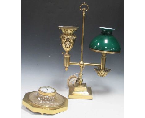 Adjustable brass lamp set on square base with dark green glass shade, (untested) 60cm high, together with a diaper cut glass 