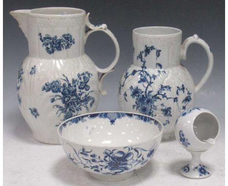 Early Caughley cabbage leaf jug with blue floral sprays and overscrolled handle and mask spout, 24cms high; Worcester large b