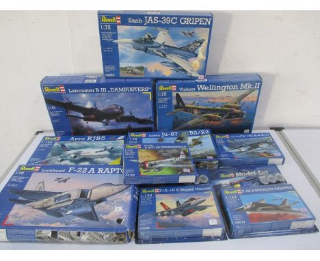 Ten boxed Revell model planes including, Wellington Mk II, Avro Lancaster B.III "Dambusters", F-22 A Raptor etc.