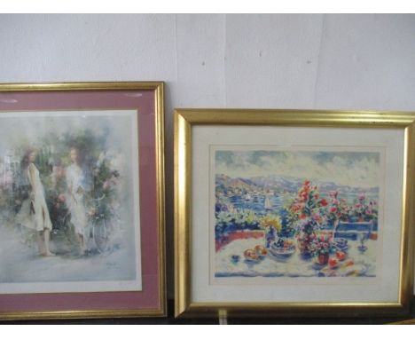 A framed ltd edition print "Cote D'Azur II" signed Peter Eastham along with an impressionist ltd edition print of two young l
