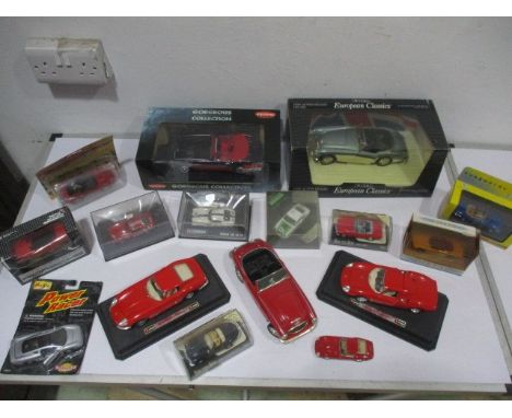 A collection of various die-cast model cars including Dinky, Burago, Corgi etc