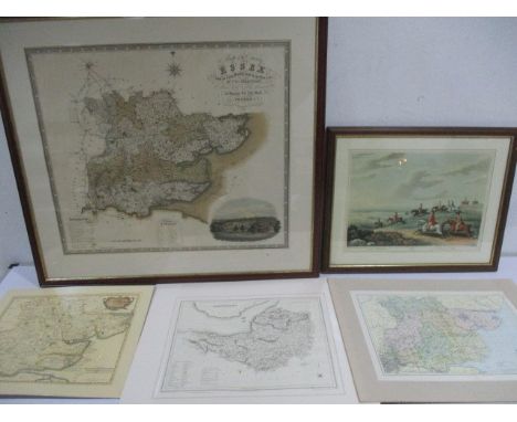 A collection of three maps of Essex, the largest framed, along with a map of Somersetshire and framed Stag Hunting print.