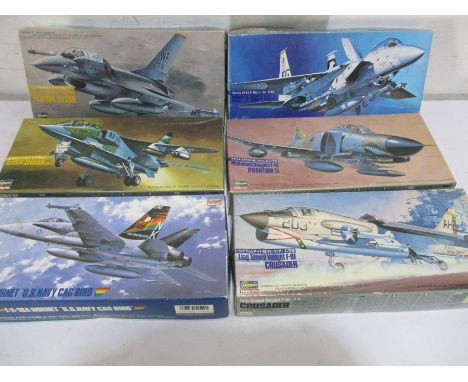 A collection of six Hasegawa boxed model planes including, F-16N Plus Fighting Falcon, Sepecat Jaguar E/T Mk.2 803, F/A-18A H