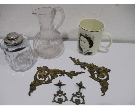 A collection of items including a Victorian glass jug, Wedgewood commemorative Silver Jubilee mug, P&amp;O jar etc.