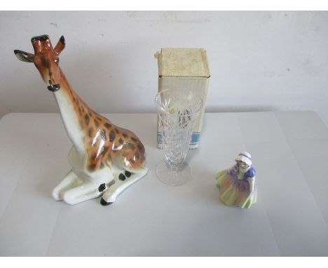 A 7" Waterford Crystal vase, a ceramic giraffe A/F and a Royal Doulton figurine "Dinky Do"