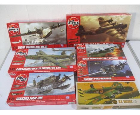 A collection of seven boxed Airfix plane model kits including Handley Page Hampden, Junkers Ju52-3M, North American B-25H/J M