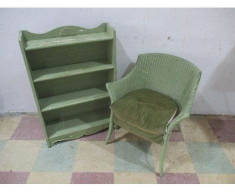 A vintage Lloyd Loom chair, along with a painted freestanding shelf