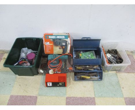 A collection of various power tools and accessories including a Black and Decker corded drill and sander, a Halfords battery 