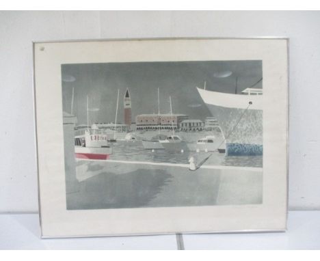 A large framed limited edition print of boats in a harbour by artist Patrick Procktor - Number 8 of 35