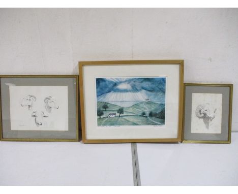 Limited edition (17/100) print "Rain and Shine"  (2006) by Samantha Gilbraine, plus two Wiltshire Horn Ewe prints by James Ca
