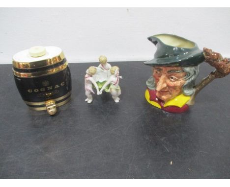 A Royal Doulton Pied Piper character jug along with a ceramic Wade Cognac barrel etc.