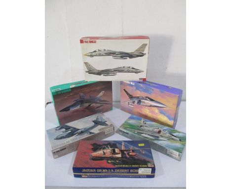 Six boxed Hasegawa model planes including, McDonnell Douglas A-4E/F Skyhawk, Lockheed AC-130H Gunship, Jaguar GR.Mk1/A Desert