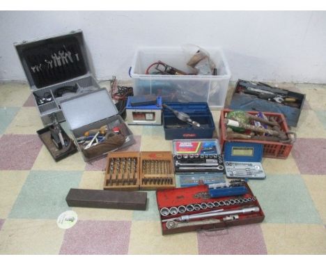 A selection of hand tools along with electric drill and sander