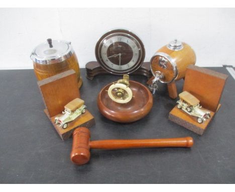 A nutcracker in the form of a ships wheel, along with Metamec art deco clock mantle, bookends, biscuit barrel etc
