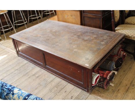 An Edwardian mahogany shop's mannequin display stand with parquetry oak top, cupboards to either end (W- 183cm, D- 107cm, H- 