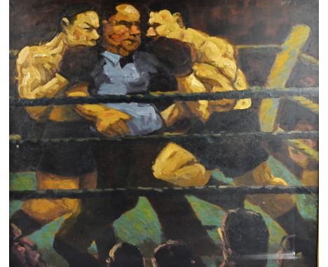20th Century oil on canvas, two boxers and a referee in a ring, signed (lower right) 'G. R. Wyame, 86', 71cm x 81cm, framed 