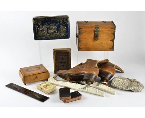 An oak domed casket,  19cm x 23.5cm x 15cm, together with 'Pepys Kargo Card Golf' playing cards, early 20th Century Hanam and
