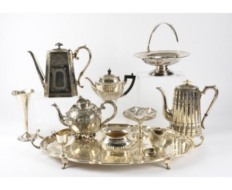 An ornate teapot on scrolling feet marked Harrison Norfolk Works Sheffield,  together with a Mappin and Webb teapot and small