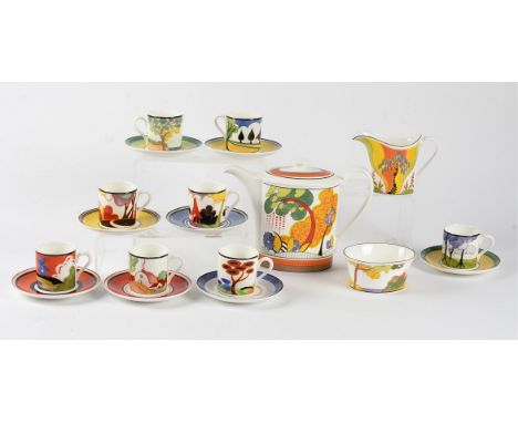 A modern limited edition Clarice Cliff Coffee set,  Windbells', no.00133/2,999 by Wedgwood, with stylised trees and houses, b