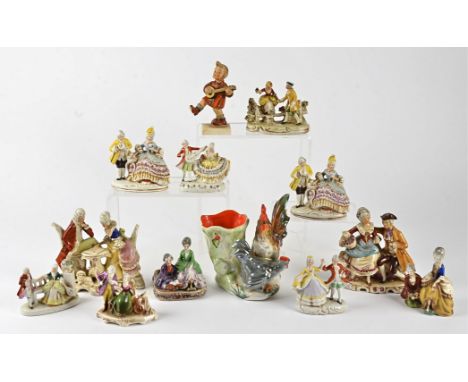 A box of assorted continental ceramic figurines,  mostly in 18th Century attire, some a/f, (10+)  