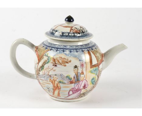 A 19th Century Chinese export ware teapot,  with underglaze blue and white borders and overglaze polychrome enamels, the cent