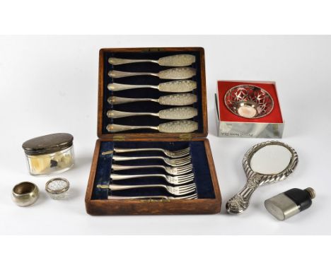 A six piece silver plated set of fish knives and forks,  together with several other silver and plated items, including a sil