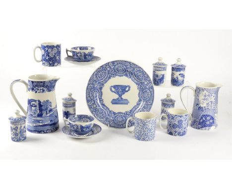 A small quantity of Spode blue and white tea wares,  to include jugs, spice jars, mugs, cup and saucers, the designs include 