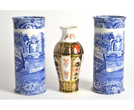 A Royal Crown Derby 'Old Imari' multi-faceted vase,  height 18cm, together with a pair of Copeland Spode 'Italian' vases, one