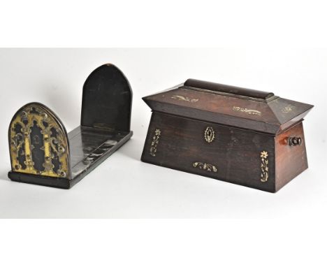 A sarcophagus shaped tea caddy,  with mother of pearl inlay, 28cm x 16cm x 16cm, together with a coromandel metal mounted boo