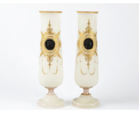 A pair of continental frosted glass vases,  with central portrait roundel in the neo-classical style, with gilt surround, hei
