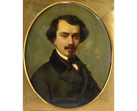 A 19th Century oil on board, portrait of a gentleman, signed and dated (lower left) 'A. de M--uries, 1853', diameter 49cm, fr