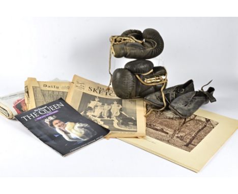 A pair of Vintage (1940s) Slazenger Sykes leather boxing gloves, straw filled, bearing a name tag 'John Miller', together wit